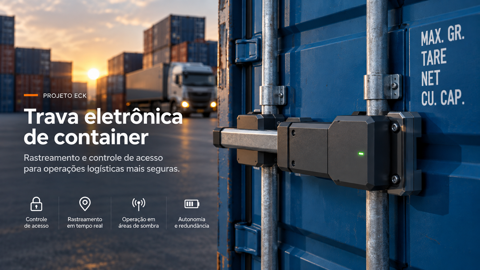 Ilustração conceitual de trava eletrônica em container para rastreamento e controle de acesso