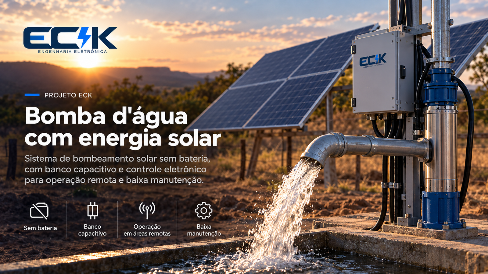 Bomba solar sem bateria com banco capacitivo para operação remota