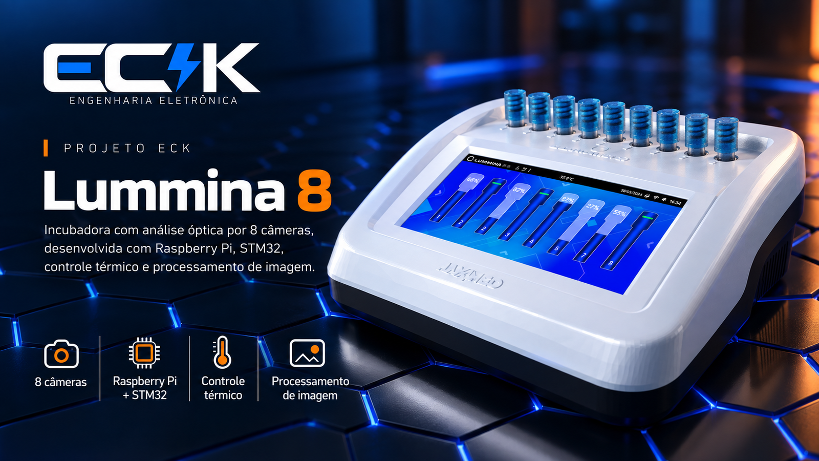 Lummina 8 com oito câmeras, Raspberry Pi, STM32 e controle térmico