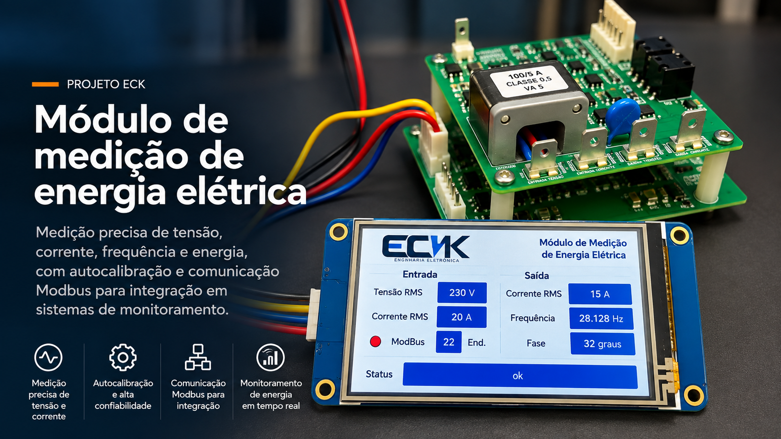 Módulo de medição de energia elétrica com ADE9153A, autocalibração e Modbus